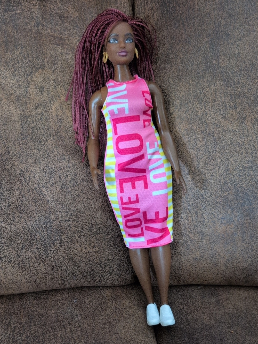 Barbie Pink Yellow Striped "LOVE" Graphic Dress Doll